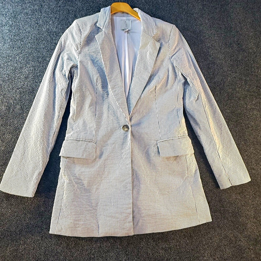 Joie Women's S Blue White Striped Lined Mid-Length Blazer Long Sleeve 0739799